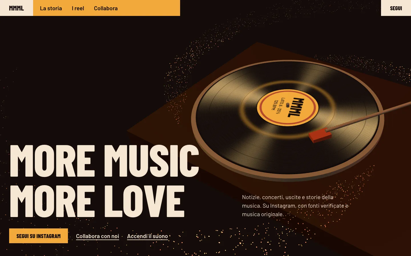 Prima schermata del sito More Music More Love: titolo in maiuscolo condensato e un giradischi 3D su fondo scuro.