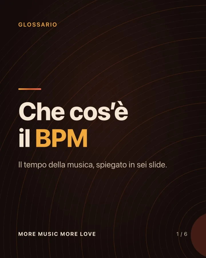 Grafica Instagram «Che cos'è il BPM» su fondo scuro con solchi di vinile.