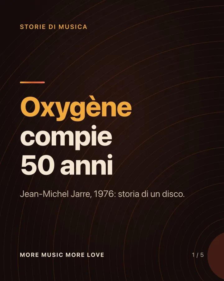 Grafica Instagram «Oxygène compie 50 anni» su fondo scuro.